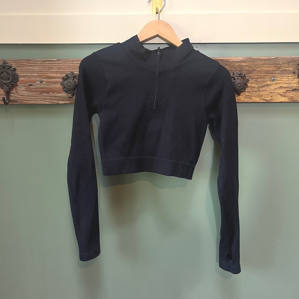 Astoria Activewear Womens Black Ribbed Quarter Zip Long Sleeve Crop Top Large
